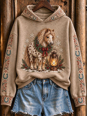 Women's Vintage Western Christmas Horse Print Cozy Hoodie