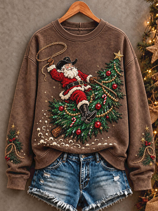 Women's Funny Santa Western Style Christmas Art Printed Sweatshirt