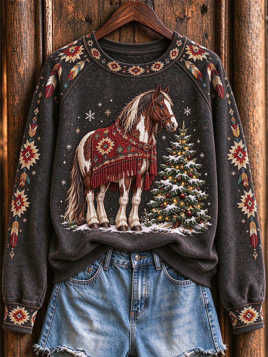 Women's Vintage Western Christmas Horse Print Raglan Sleeve Sweatshirt
