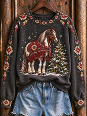 Women's Vintage Western Christmas Horse Print Raglan Sleeve Sweatshirt